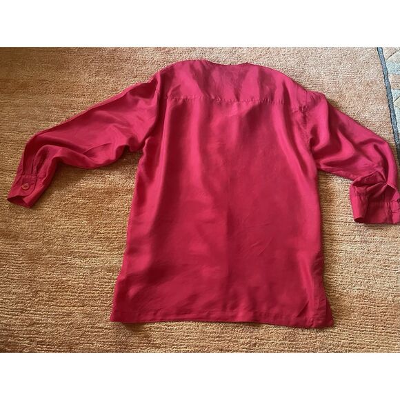 Oleg Cassini 100% Silk Red Blouse Button Front Long Sleeve Top Size M - Picture 6 of 8
